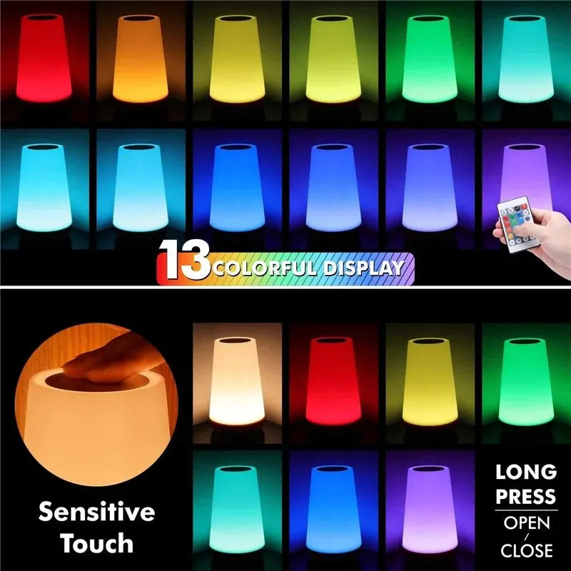 Rechargeable RGB Touch Lamp – 13 Colors, Cordless Bedside Night Light