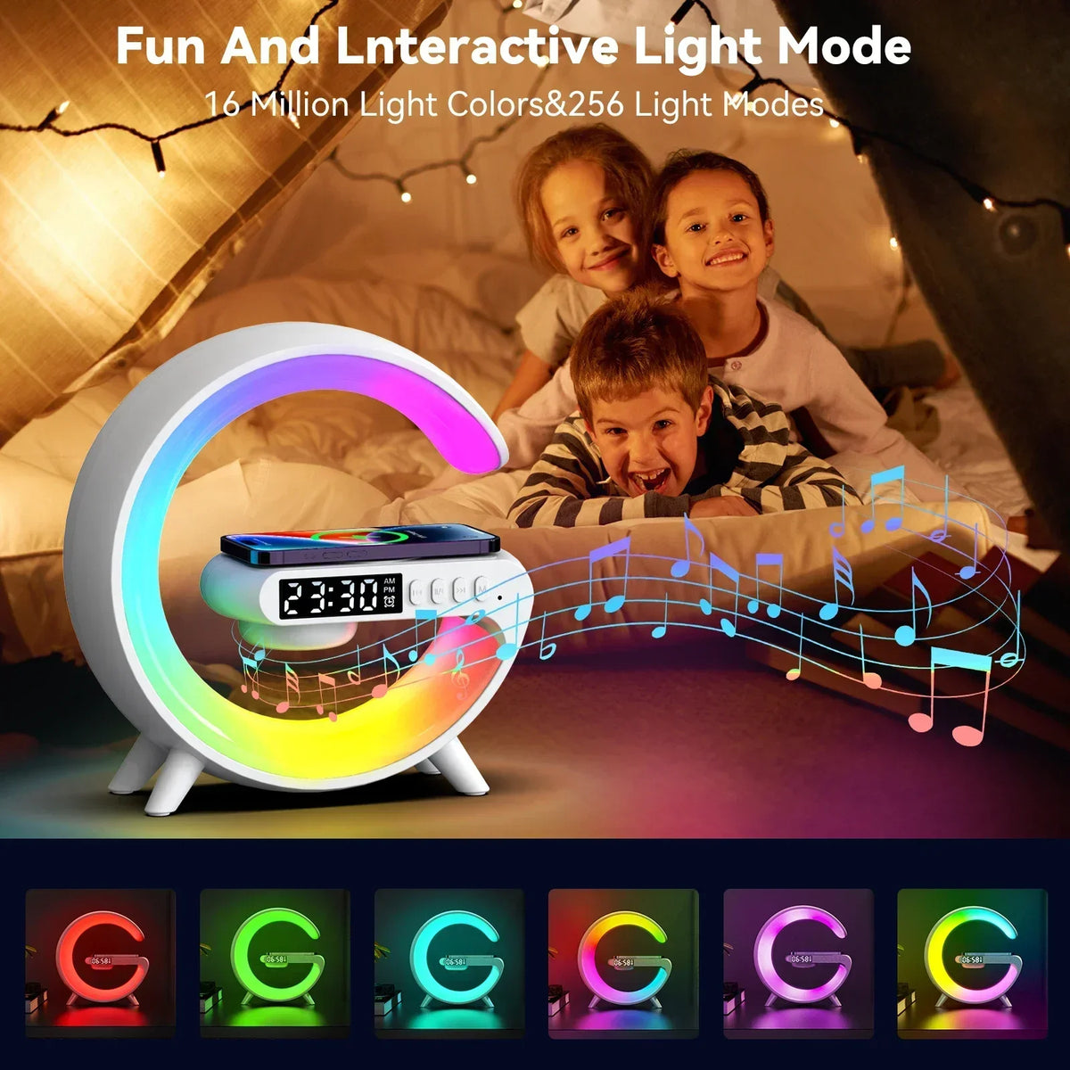 Mini G Lamp Wireless Charger with Bluetooth Speaker, Alarm Clock & RGB Night Light – 6 in
