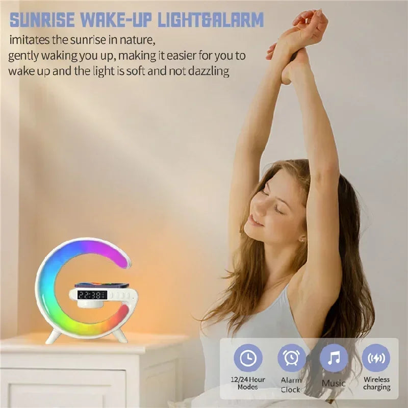 Mini G Lamp Wireless Charger with Bluetooth Speaker, Alarm Clock & RGB Night Light – 6 in