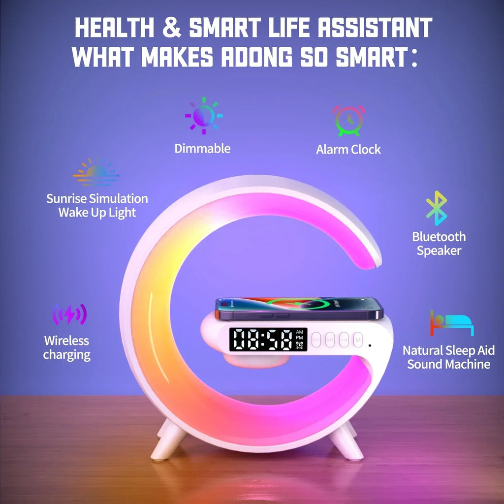 Mini G Lamp Wireless Charger with Bluetooth Speaker, Alarm Clock & RGB Night Light – 6 in