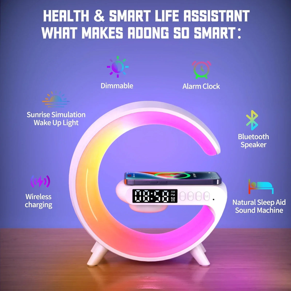 Mini G Lamp Wireless Charger with Bluetooth Speaker, Alarm Clock & RGB Night Light – 6 in